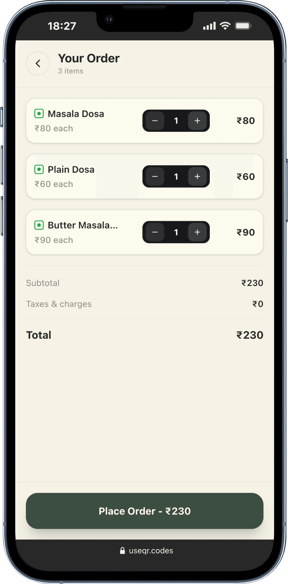UseQR Smart Menu cart and UPI payment screen showing order total and pay at counter QR option