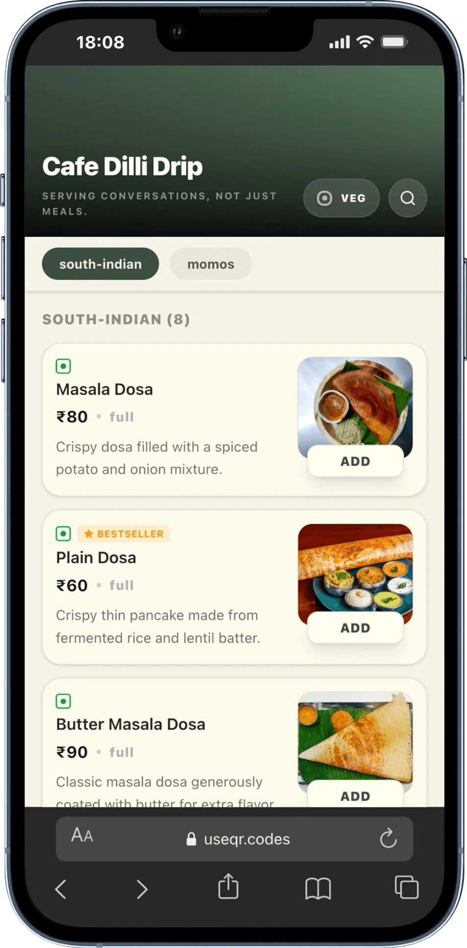 UseQR Smart Menu on iPhone showing Cafe Dilli Drip digital menu with categories, dish photos, and Add buttons
