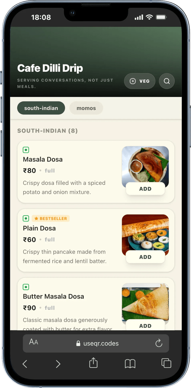 Full menu browsing experience on mobile