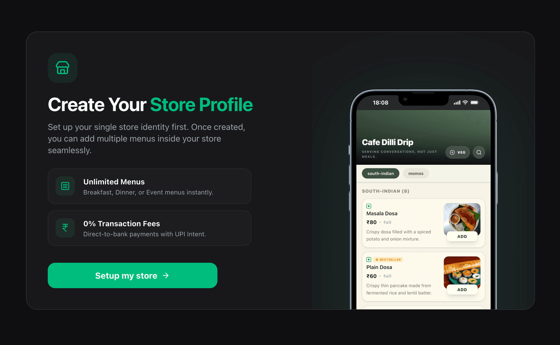 UseQR Create Your Store Profile screen with unlimited menus, zero transaction fees, and live menu preview on phone